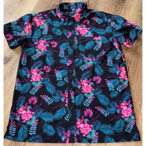 Retro Tropics Floral Button Up‎ Shirt Tropical Palm Tree Print Short Sleeve L